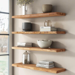 Rustic Elm Wood Floating Shelves for Wall, Live Edge 24"W x 9.2"D x 1.4"H, Set of 2 with Invisible Bracket, Wall Mounted Storage Shelves for Living Room Bedroom Kitchen Bathroom Decor, Natural Finish