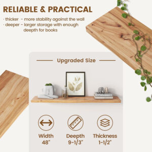 Rustic Elm Wood Floating Shelves for Wall, Live Edge 24"W x 9.2"D x 1.4"H, Set of 2 with Invisible Bracket, Wall Mounted Storage Shelves for Living Room Bedroom Kitchen Bathroom Decor, Natural Finish