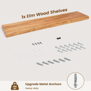 Rustic Elm Wood Floating Shelves for Wall, Live Edge 24"W x 9.2"D x 1.4"H, Set of 2 with Invisible Bracket, Wall Mounted Storage Shelves for Living Room Bedroom Kitchen Bathroom Decor, Natural Finish