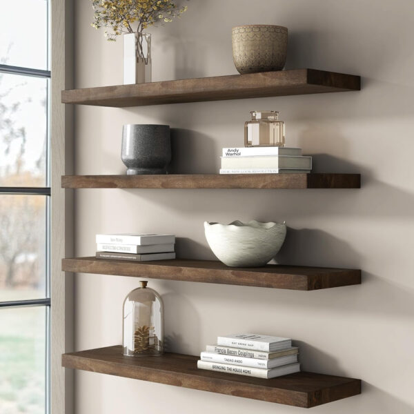 Rustic Elm Wood Floating Shelves for Wall, Live Edge 24"W x 9.2"D x 1.4"H, Set of 2 with Invisible Bracket, Wall Mounted Storage Shelves for Living Room Bedroom Kitchen Bathroom Decor, Natural Finish