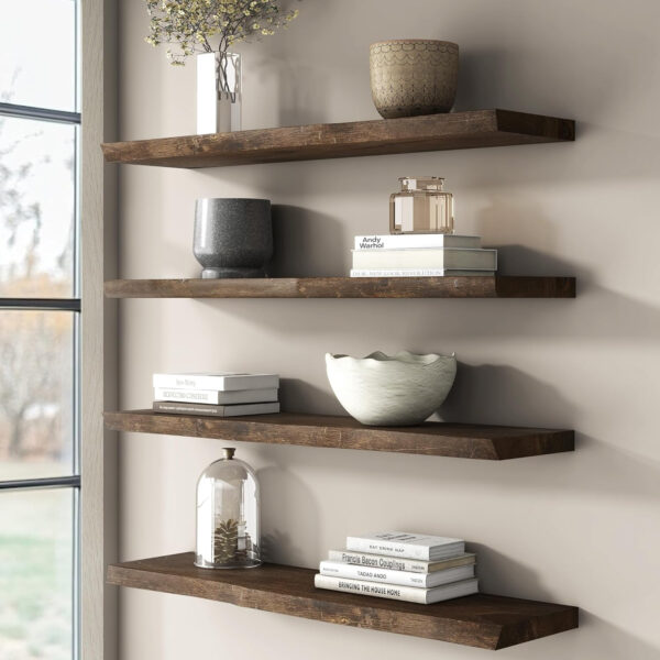 Rustic Elm Wood Floating Shelves for Wall, Live Edge 24"W x 9.2"D x 1.4"H, Set of 2 with Invisible Bracket, Wall Mounted Storage Shelves for Living Room Bedroom Kitchen Bathroom Decor, Natural Finish
