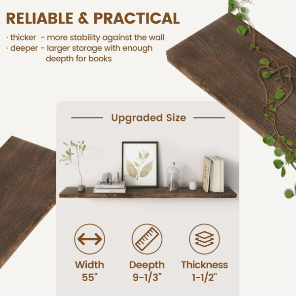 Rustic Elm Wood Floating Shelves for Wall, Live Edge 24"W x 9.2"D x 1.4"H, Set of 2 with Invisible Bracket, Wall Mounted Storage Shelves for Living Room Bedroom Kitchen Bathroom Decor, Natural Finish