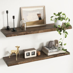 Rustic Elm Wood Floating Shelves for Wall, Live Edge 24"W x 9.2"D x 1.4"H, Set of 2 with Invisible Bracket, Wall Mounted Storage Shelves for Living Room Bedroom Kitchen Bathroom Decor, Natural Finish