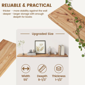 Rustic Elm Wood Floating Shelves for Wall, Live Edge 24"W x 9.2"D x 1.4"H, Set of 2 with Invisible Bracket, Wall Mounted Storage Shelves for Living Room Bedroom Kitchen Bathroom Decor, Natural Finish