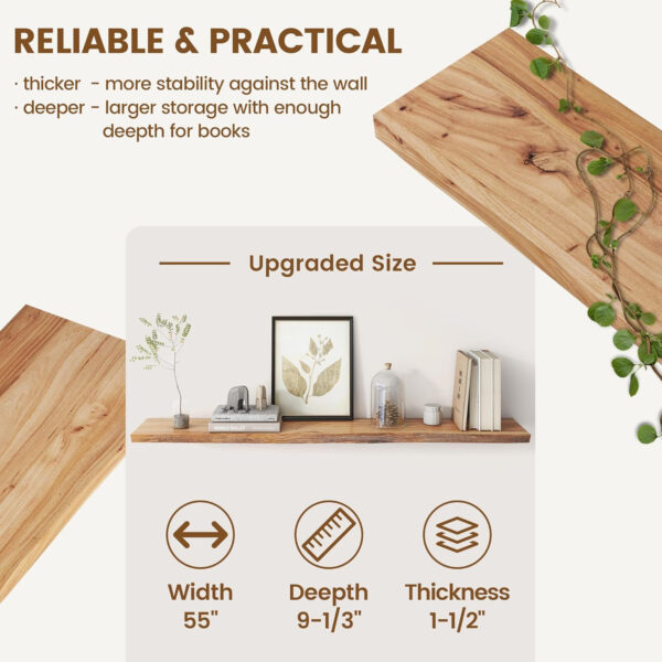 Rustic Elm Wood Floating Shelves for Wall, Live Edge 24"W x 9.2"D x 1.4"H, Set of 2 with Invisible Bracket, Wall Mounted Storage Shelves for Living Room Bedroom Kitchen Bathroom Decor, Natural Finish