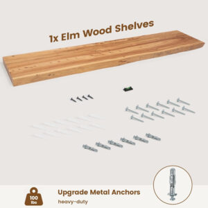 Rustic Elm Wood Floating Shelves for Wall, Live Edge 24"W x 9.2"D x 1.4"H, Set of 2 with Invisible Bracket, Wall Mounted Storage Shelves for Living Room Bedroom Kitchen Bathroom Decor, Natural Finish