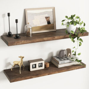 Rustic Elm Wood Floating Shelves for Wall, Live Edge 24"W x 9.2"D x 1.4"H, Set of 2 with Invisible Bracket, Wall Mounted Storage Shelves for Living Room Bedroom Kitchen Bathroom Decor, Natural Finish