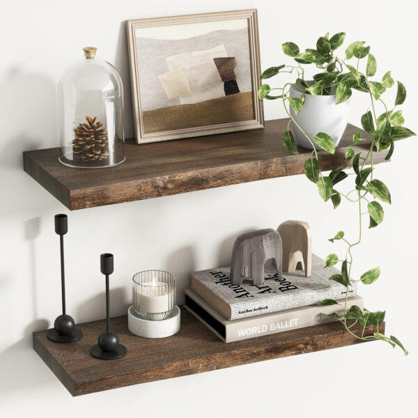Rustic Elm Wood Floating Shelves for Wall, Live Edge 24"W x 9.2"D x 1.4"H, Set of 2 with Invisible Bracket, Wall Mounted Storage Shelves for Living Room Bedroom Kitchen Bathroom Decor, Natural Finish