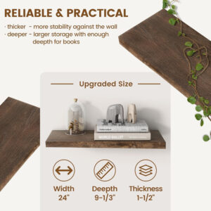 Rustic Elm Wood Floating Shelves for Wall, Live Edge 24"W x 9.2"D x 1.4"H, Set of 2 with Invisible Bracket, Wall Mounted Storage Shelves for Living Room Bedroom Kitchen Bathroom Decor, Natural Finish