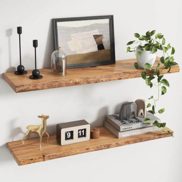 Rustic Elm Wood Floating Shelves for Wall, Live Edge 24"W x 9.2"D x 1.4"H, Set of 2 with Invisible Bracket, Wall Mounted Storage Shelves for Living Room Bedroom Kitchen Bathroom Decor, Natural Finish