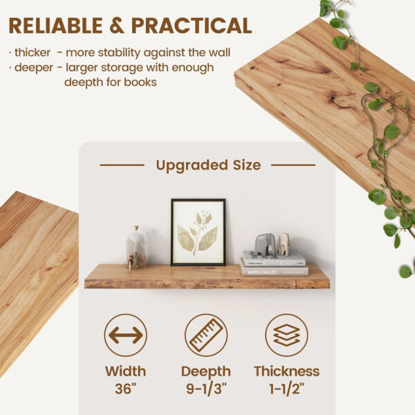 Rustic Elm Wood Floating Shelves for Wall, Live Edge 24"W x 9.2"D x 1.4"H, Set of 2 with Invisible Bracket, Wall Mounted Storage Shelves for Living Room Bedroom Kitchen Bathroom Decor, Natural Finish