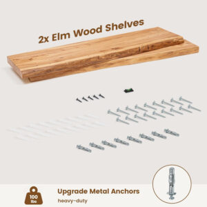 Rustic Elm Wood Floating Shelves for Wall, Live Edge 24"W x 9.2"D x 1.4"H, Set of 2 with Invisible Bracket, Wall Mounted Storage Shelves for Living Room Bedroom Kitchen Bathroom Decor, Natural Finish