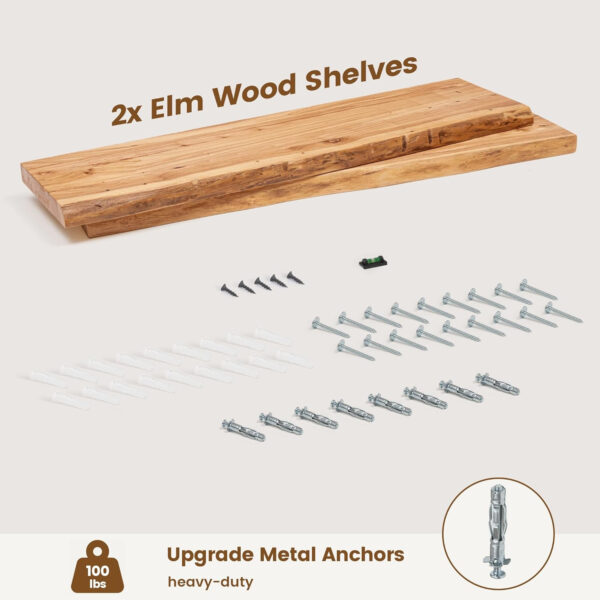 Rustic Elm Wood Floating Shelves for Wall, Live Edge 24"W x 9.2"D x 1.4"H, Set of 2 with Invisible Bracket, Wall Mounted Storage Shelves for Living Room Bedroom Kitchen Bathroom Decor, Natural Finish