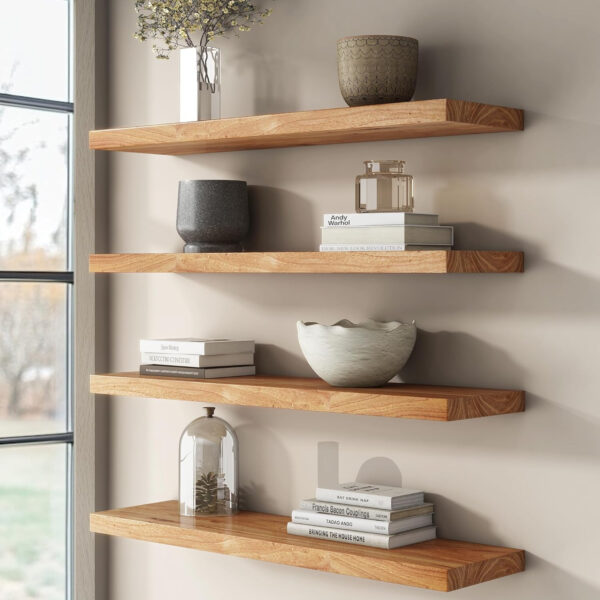 Rustic Elm Wood Floating Shelves for Wall, Live Edge 24"W x 9.2"D x 1.4"H, Set of 2 with Invisible Bracket, Wall Mounted Storage Shelves for Living Room Bedroom Kitchen Bathroom Decor, Natural Finish