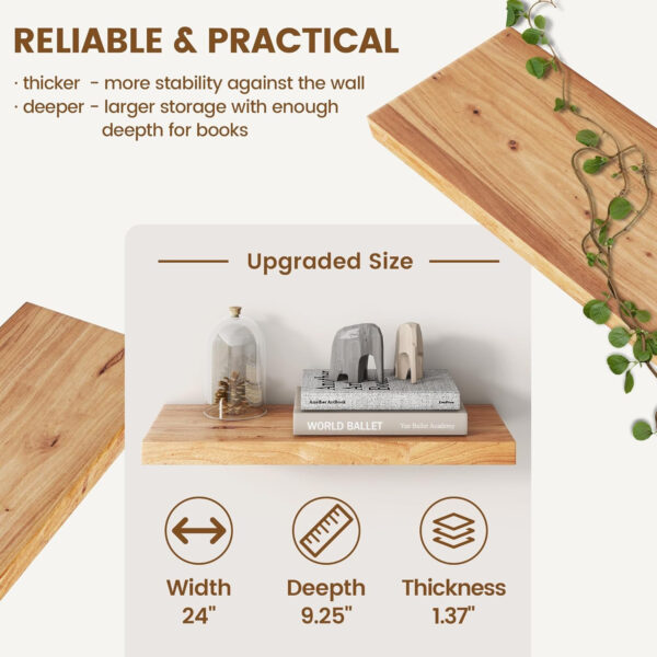 Rustic Elm Wood Floating Shelves for Wall, Live Edge 24"W x 9.2"D x 1.4"H, Set of 2 with Invisible Bracket, Wall Mounted Storage Shelves for Living Room Bedroom Kitchen Bathroom Decor, Natural Finish