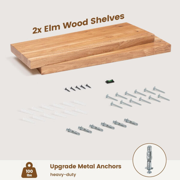 Rustic Elm Wood Floating Shelves for Wall, Live Edge 24"W x 9.2"D x 1.4"H, Set of 2 with Invisible Bracket, Wall Mounted Storage Shelves for Living Room Bedroom Kitchen Bathroom Decor, Natural Finish