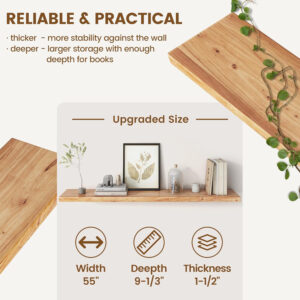 Rustic Elm Wood Floating Shelves for Wall, Live Edge 24"W x 9.2"D x 1.4"H, Set of 2 with Invisible Bracket, Wall Mounted Storage Shelves for Living Room Bedroom Kitchen Bathroom Decor, Natural Finish