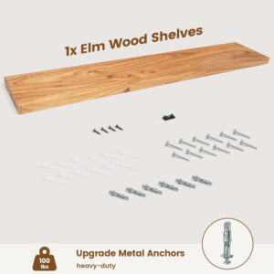 Rustic Elm Wood Floating Shelves for Wall, Live Edge 24"W x 9.2"D x 1.4"H, Set of 2 with Invisible Bracket, Wall Mounted Storage Shelves for Living Room Bedroom Kitchen Bathroom Decor, Natural Finish