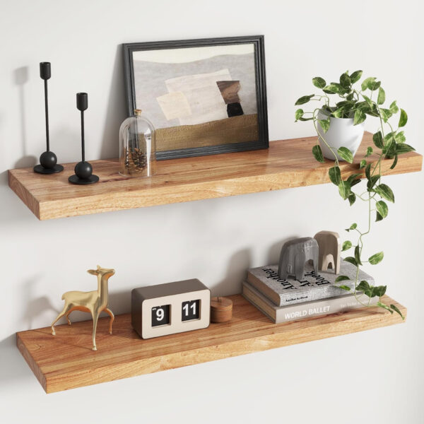 Rustic Elm Wood Floating Shelves for Wall, Live Edge 24"W x 9.2"D x 1.4"H, Set of 2 with Invisible Bracket, Wall Mounted Storage Shelves for Living Room Bedroom Kitchen Bathroom Decor, Natural Finish