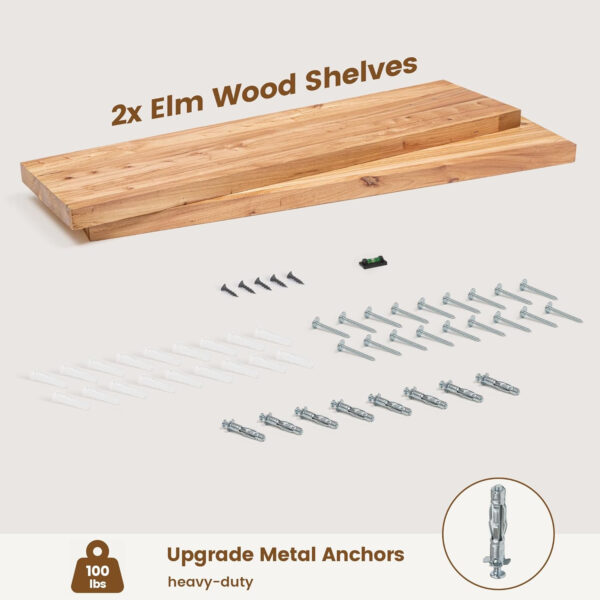 Rustic Elm Wood Floating Shelves for Wall, Live Edge 24"W x 9.2"D x 1.4"H, Set of 2 with Invisible Bracket, Wall Mounted Storage Shelves for Living Room Bedroom Kitchen Bathroom Decor, Natural Finish