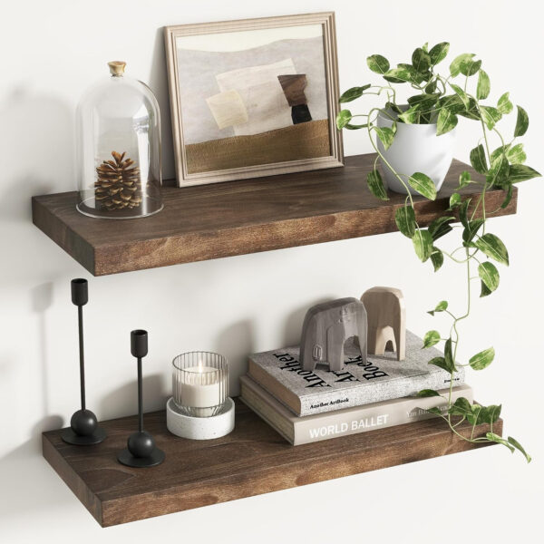 Rustic Elm Wood Floating Shelves for Wall, Live Edge 24"W x 9.2"D x 1.4"H, Set of 2 with Invisible Bracket, Wall Mounted Storage Shelves for Living Room Bedroom Kitchen Bathroom Decor, Natural Finish