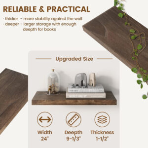 Rustic Elm Wood Floating Shelves for Wall, Live Edge 24"W x 9.2"D x 1.4"H, Set of 2 with Invisible Bracket, Wall Mounted Storage Shelves for Living Room Bedroom Kitchen Bathroom Decor, Natural Finish