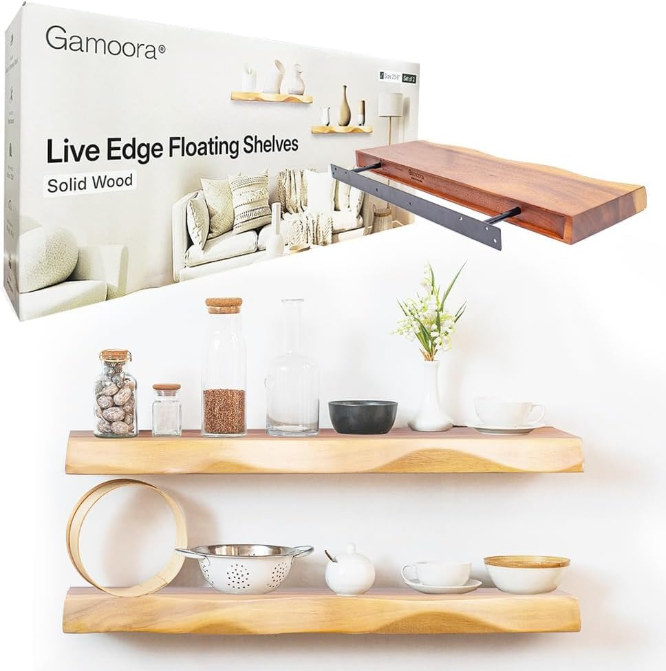 Wood Shelves for Wall – Set of 2 Live Edge Floating Shelves, 23.6" Rustic Wooden Shelf for Bathroom, Kitchen or Bedroom – Solid Suar Wood Wall-Mounted Shelf with Live Edge Design