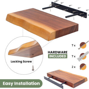 Wood Shelves for Wall – Set of 2 Live Edge Floating Shelves, 23.6" Rustic Wooden Shelf for Bathroom, Kitchen or Bedroom – Solid Suar Wood Wall-Mounted Shelf with Live Edge Design