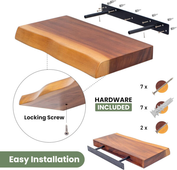 Wood Shelves for Wall – Set of 2 Live Edge Floating Shelves, 23.6" Rustic Wooden Shelf for Bathroom, Kitchen or Bedroom – Solid Suar Wood Wall-Mounted Shelf with Live Edge Design