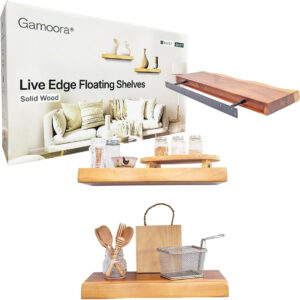 Wood Shelves for Wall – Set of 2 Live Edge Floating Shelves, 23.6" Rustic Wooden Shelf for Bathroom, Kitchen or Bedroom – Solid Suar Wood Wall-Mounted Shelf with Live Edge Design