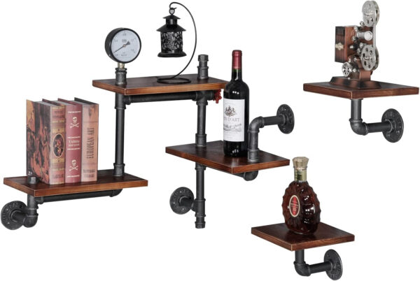 688835fa8a7e8fd64cecb081a954e86eaf5be4050e78b8b95becf.jpg SSS Furniture Industrial Rustic Pipe Shelving Floating Shelves Wall Mounted, 5 Laye Modern Wood Ladder Pipe Wall Shelf for Bar Living Room DIY Storage Shelving Bookcase