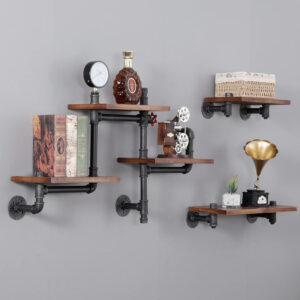 68883604dcdac20705971b4972356cea62f88c37d648a059c6fc7.jpg SSS Furniture Industrial Rustic Pipe Shelving Floating Shelves Wall Mounted, 5 Laye Modern Wood Ladder Pipe Wall Shelf for Bar Living Room DIY Storage Shelving Bookcase
