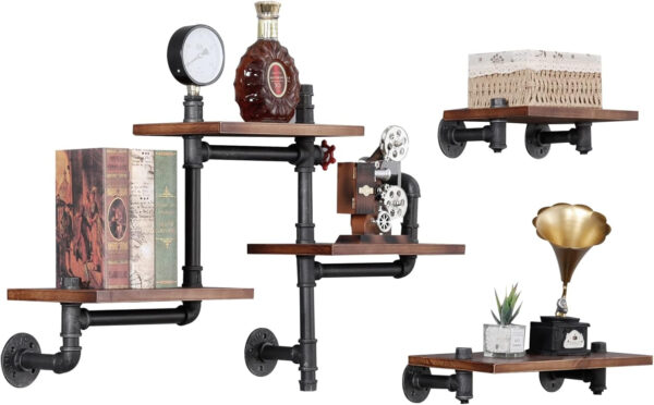 6888360dec4fe5b8b2aef7de3f15fdfedaa7876e256c53f6bbcce.jpg SSS Furniture Industrial Rustic Pipe Shelving Floating Shelves Wall Mounted, 5 Laye Modern Wood Ladder Pipe Wall Shelf for Bar Living Room DIY Storage Shelving Bookcase