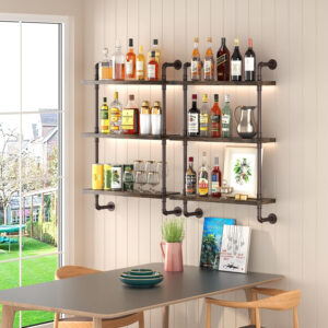 Industrial Pipe Shelf Wall Mounted, Rustic Wood Floating Shelves, 3 Tier Wall Display Bookshelf, Storage Rack Sundries Holder for Kitchen Office Bathroom Organization and Home Decor (24inch x 2)