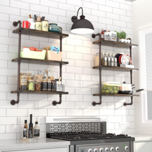 Industrial Pipe Shelf Wall Mounted, Rustic Wood Floating Shelves, 3 Tier Wall Display Bookshelf, Storage Rack Sundries Holder for Kitchen Office Bathroom Organization and Home Decor (24inch x 2)