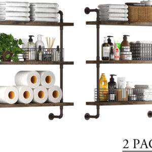 Industrial Pipe Shelf Wall Mounted, Rustic Wood Floating Shelves, 3 Tier Wall Display Bookshelf, Storage Rack Sundries Holder for Kitchen Office Bathroom Organization and Home Decor (24inch x 2)