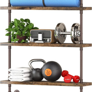 Industrial Pipe Shelf Wall Mounted, Rustic Wood Floating Shelves, 3 Tier Wall Display Bookshelf, Storage Rack Sundries Holder for Kitchen Office Bathroom Organization and Home Decor (24inch x 2)