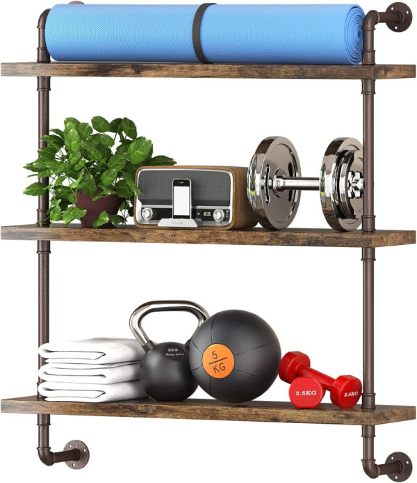 Industrial Pipe Shelf Wall Mounted, Rustic Wood Floating Shelves, 3 Tier Wall Display Bookshelf, Storage Rack Sundries Holder for Kitchen Office Bathroom Organization and Home Decor (24inch x 2)