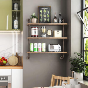 Industrial Pipe Shelf Wall Mounted, Rustic Wood Floating Shelves, 3 Tier Wall Display Bookshelf, Storage Rack Sundries Holder for Kitchen Office Bathroom Organization and Home Decor (24inch x 2)