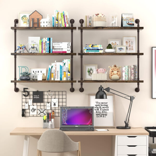 Industrial Pipe Shelf Wall Mounted, Rustic Wood Floating Shelves, 3 Tier Wall Display Bookshelf, Storage Rack Sundries Holder for Kitchen Office Bathroom Organization and Home Decor (24inch x 2)