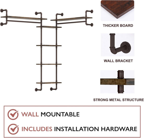 Industrial Pipe Shelf Wall Mounted, Rustic Wood Floating Shelves, 3 Tier Wall Display Bookshelf, Storage Rack Sundries Holder for Kitchen Office Bathroom Organization and Home Decor (24inch x 2)