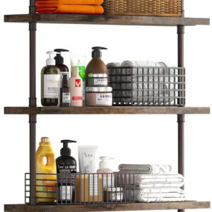 Industrial Pipe Shelf Wall Mounted, Rustic Wood Floating Shelves, 3 Tier Wall Display Bookshelf, Storage Rack Sundries Holder for Kitchen Office Bathroom Organization and Home Decor (24inch x 2)