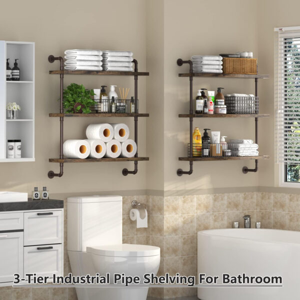 Industrial Pipe Shelf Wall Mounted, Rustic Wood Floating Shelves, 3 Tier Wall Display Bookshelf, Storage Rack Sundries Holder for Kitchen Office Bathroom Organization and Home Decor (24inch x 2)