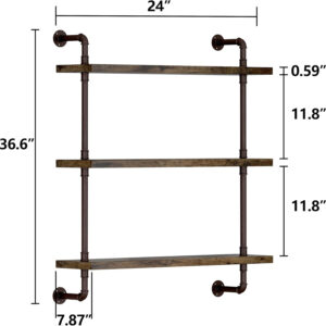 Industrial Pipe Shelf Wall Mounted, Rustic Wood Floating Shelves, 3 Tier Wall Display Bookshelf, Storage Rack Sundries Holder for Kitchen Office Bathroom Organization and Home Decor (24inch x 2)