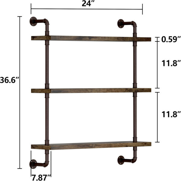 Industrial Pipe Shelf Wall Mounted, Rustic Wood Floating Shelves, 3 Tier Wall Display Bookshelf, Storage Rack Sundries Holder for Kitchen Office Bathroom Organization and Home Decor (24inch x 2)