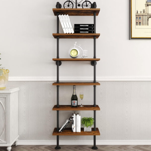 HOMEKAYT Industrial Pipe Shelf Rustic Wood Wall Shelf Ladder Bookshelf Wall Mounted Storage Decor Shelf for Home, Office, Living Room(6-Tier)-Black