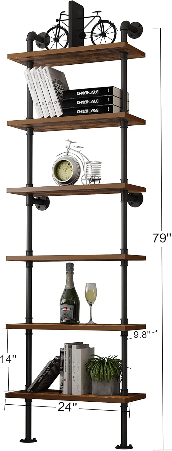 HOMEKAYT Industrial Pipe Shelf Rustic Wood Wall Shelf Ladder Bookshelf Wall Mounted Storage Decor Shelf for Home, Office, Living Room(6-Tier)-Black