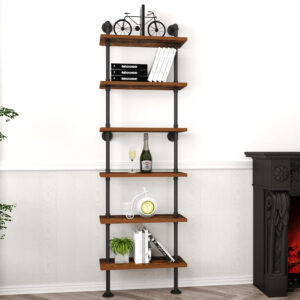 HOMEKAYT Industrial Pipe Shelf Rustic Wood Wall Shelf Ladder Bookshelf Wall Mounted Storage Decor Shelf for Home, Office, Living Room(6-Tier)-Black