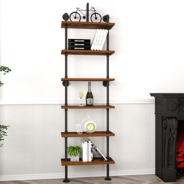 HOMEKAYT Industrial Pipe Shelf Rustic Wood Wall Shelf Ladder Bookshelf Wall Mounted Storage Decor Shelf for Home, Office, Living Room(6-Tier)-Black