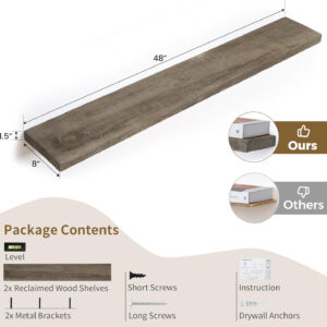 Floating Shelves | 8" Deep Rustic Reclaimed Barnwood Wall Hanging Shelves with Invisible Heavy-Duty Metal Bracket | Wall Mounted | Farmhouse Style | 36 inches, 2 PCs, Distressed Natural